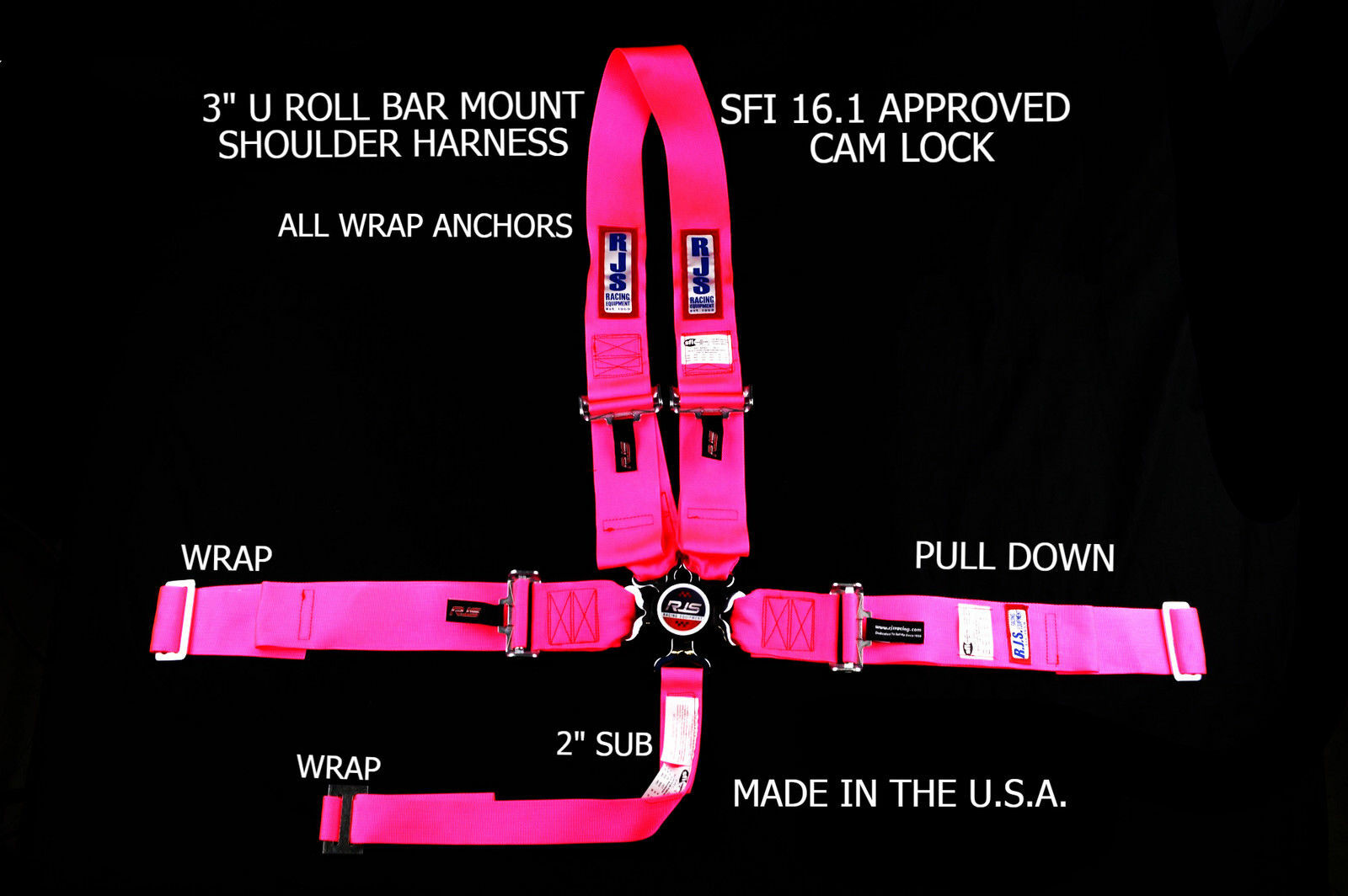 RJS RACING SFI 16.1 5PT CAM LOCK "U" ROLL BAR MOUNT HARNESS HOT PINK & BLACK HW