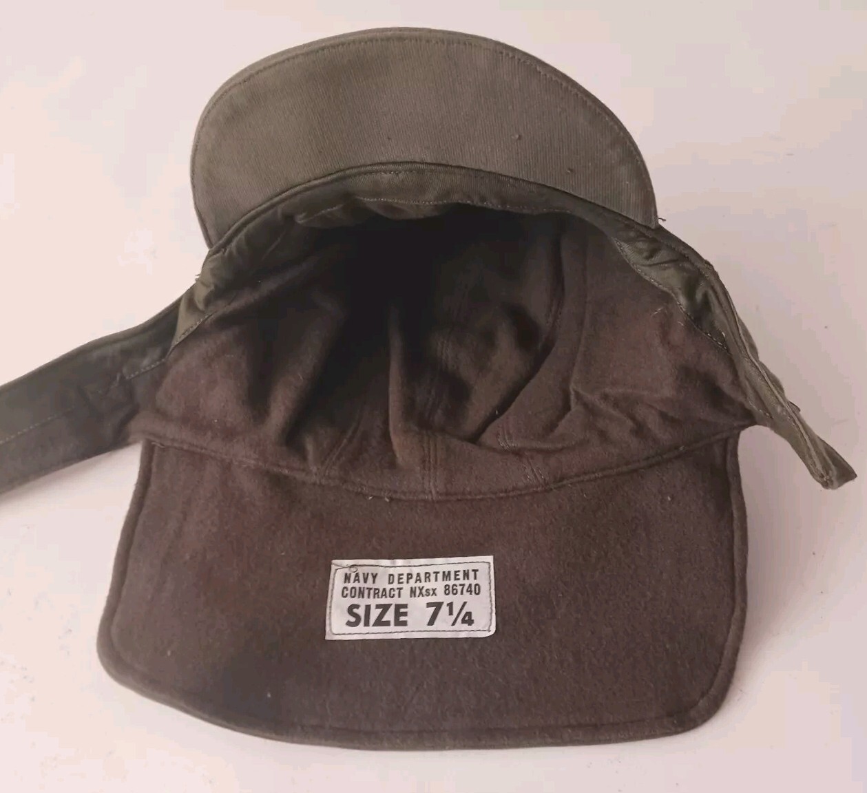 USN Winter Cloth Deck Helmet OD Green Hat Size 7-1/4 NOS