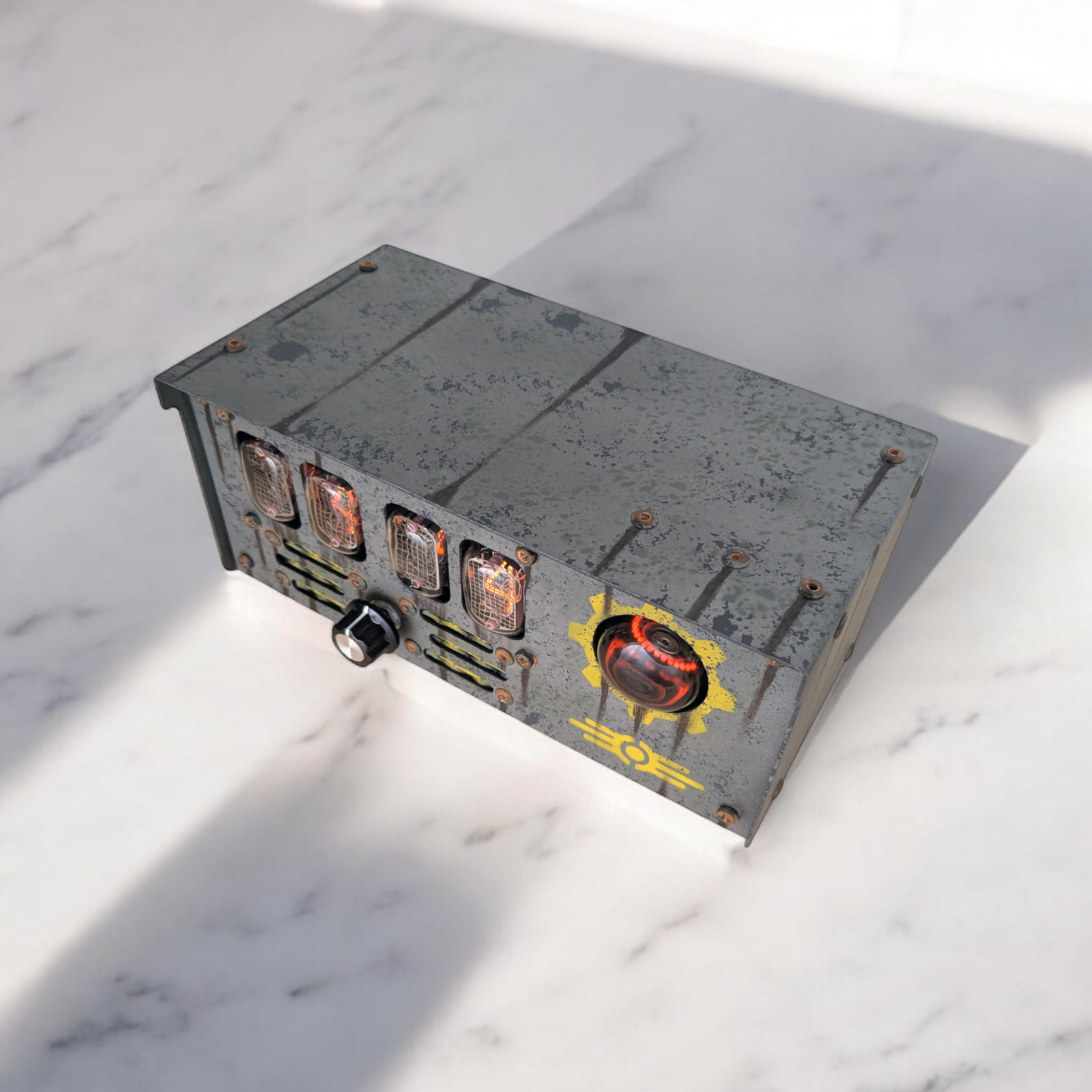 Nixie tube clock with IN-12 tubes and dekatron in metallic case