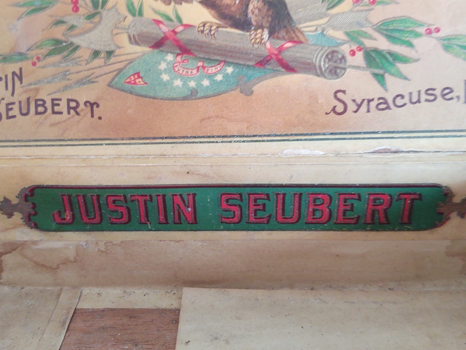 Antique Wood Cigar Box Justin Seubert , American Eagle , Retail label Towanda