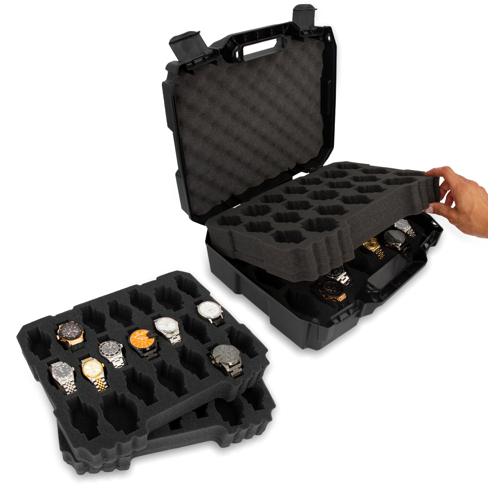 CM Watch Box Display Case Fits 42 Watches in Custom Foam, Travel Watch Case Only