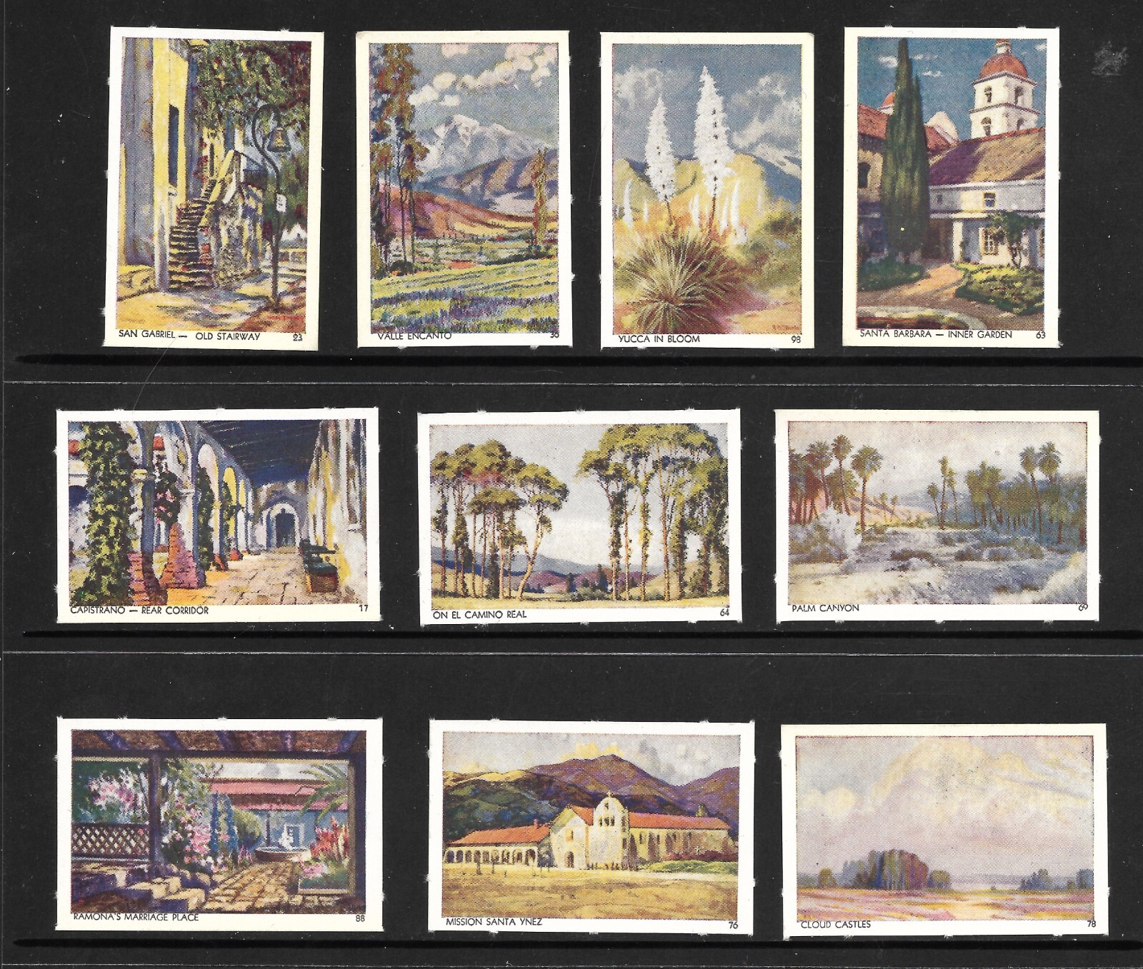 Ten (10) Art Paintings of Scenic California Poster Stamps Est from 1930's-40's