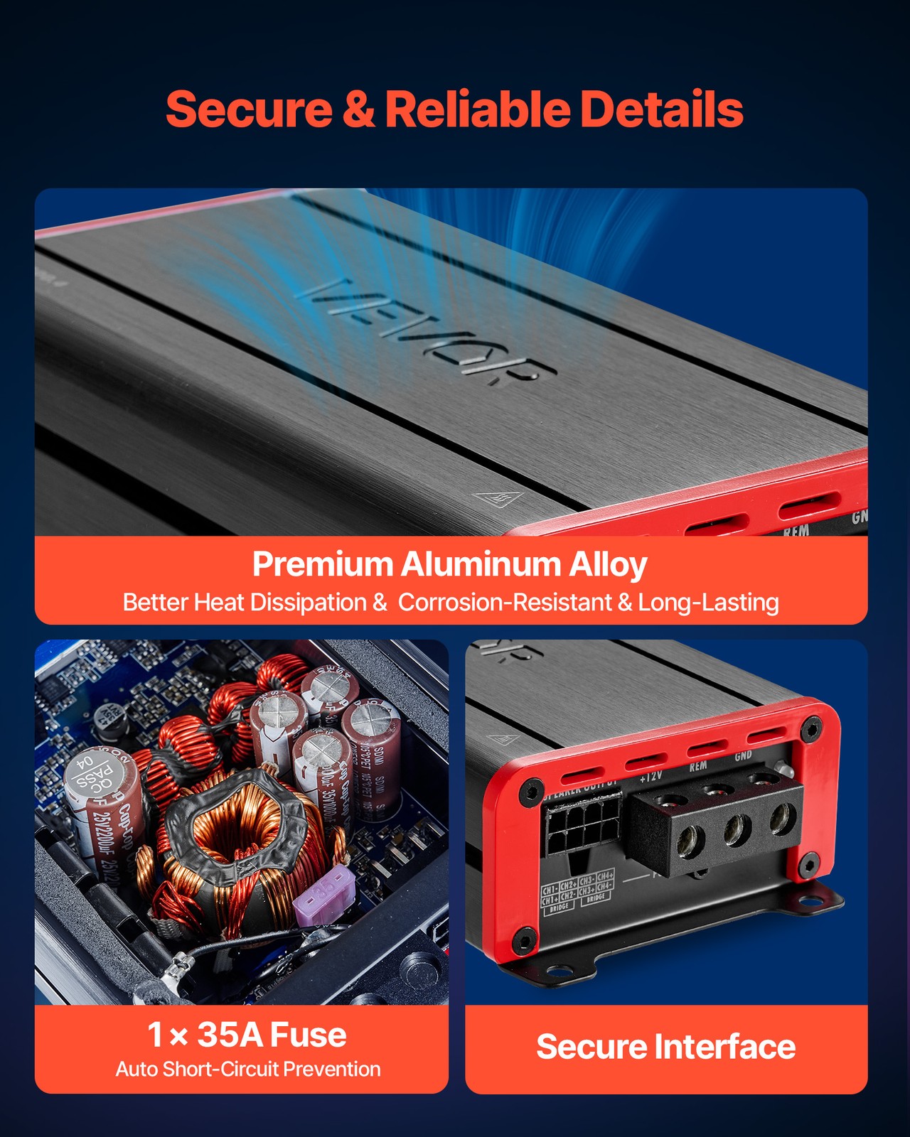 VEVOR Car Audio Amplifier Car Amplifier 4-Channel Class D Max. 4x120W at 4 Ohms
