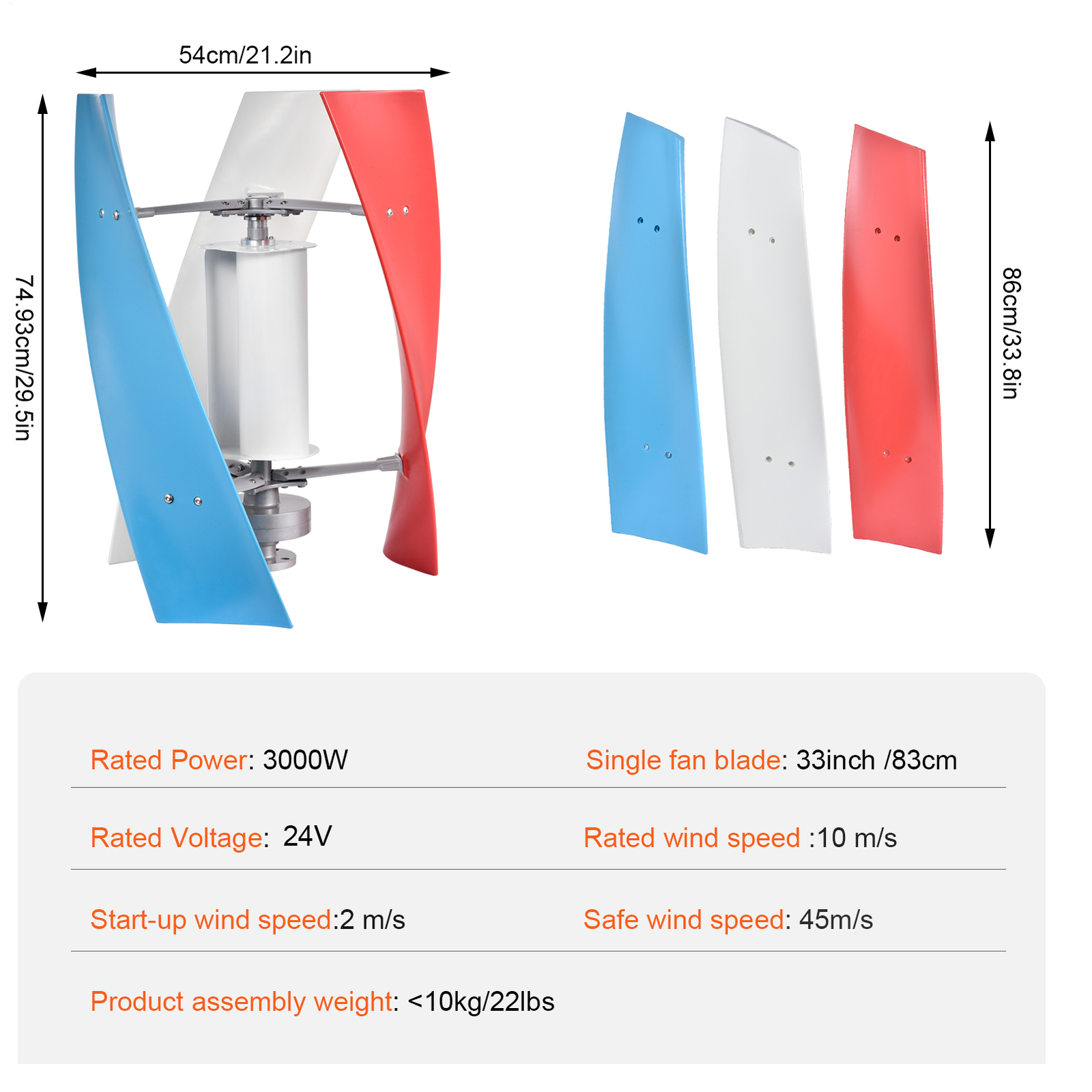 3000W Vertical Axis Wind Turbine Generator AC 24V Controller Home Windmill Kit