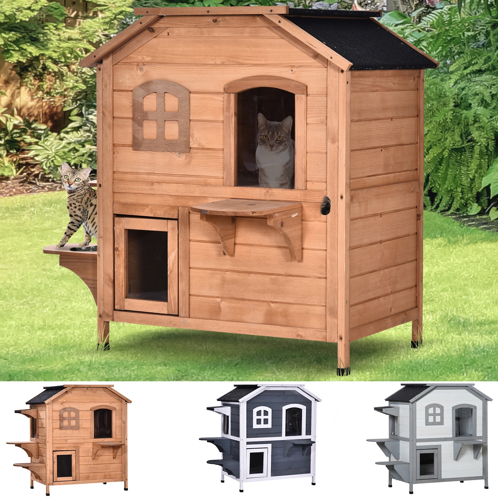 PawHut 2-Story Wooden Cat Condo Shelter Pet House w/ Balcony for Indoor/Outdoor