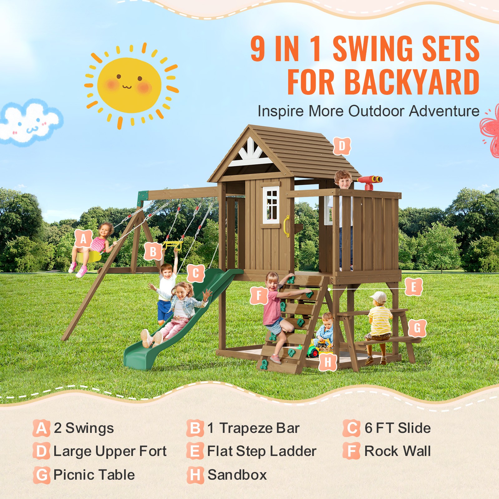 Wooden Swing Set 9 IN 1 Outdoor Playground Sets 6 FT Slide Upper Fort