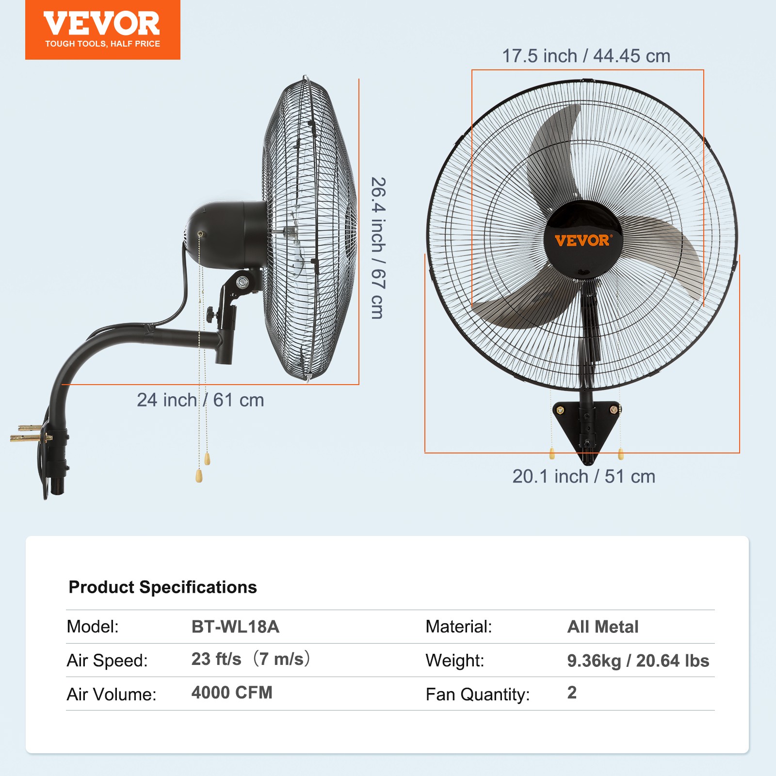 VEVOR 2Pcs 18'' Industrial Wall Mount Fan Oscillating Metal Fan 3 Speed Airflow