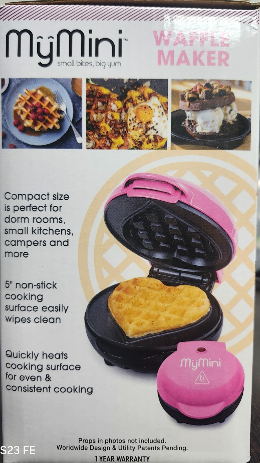 My Mini Pink Heart Shaped Waffle Maker 5" Non-Stick Quickly Heats
