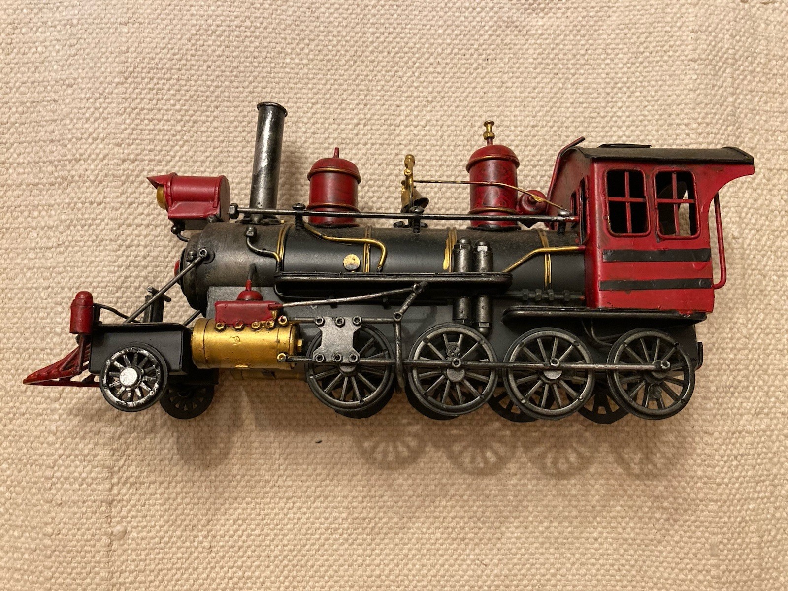 Vtg Decorative Metal Steam Locomotive Model Train Engine Red Black Gold On Base