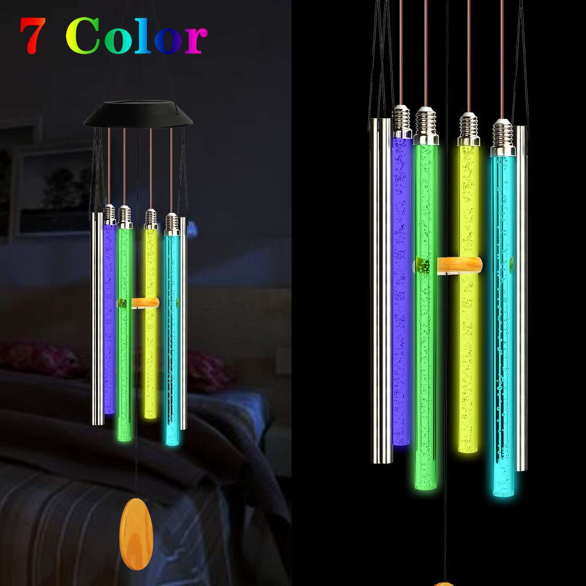 Color Changing Solar Wind Chimes LED Lights Large Deep Tone Resonant Bell Tubes
