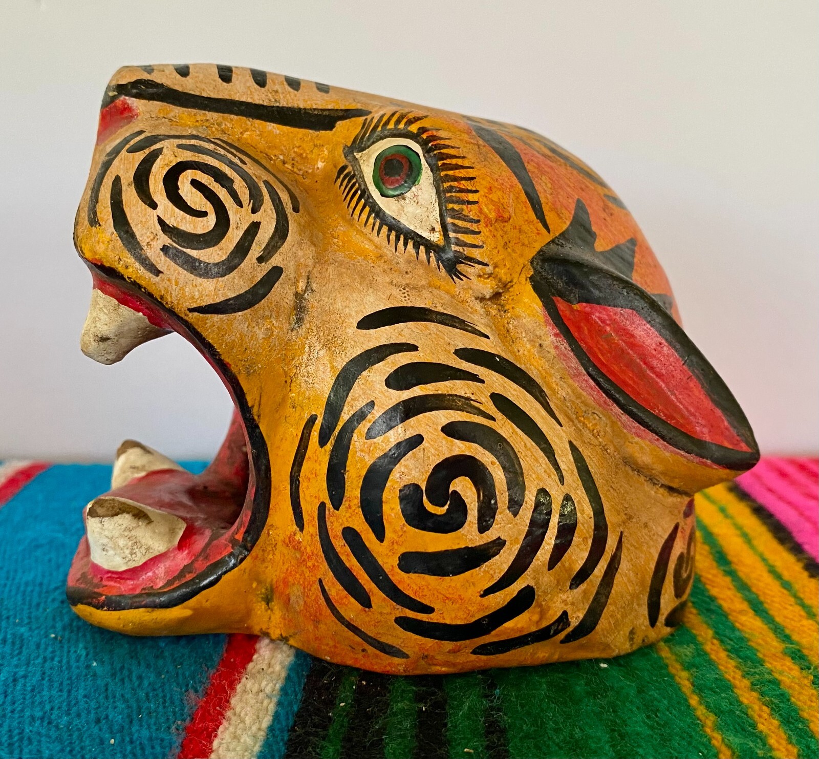 Mexican Folk Art Carved Wood Jaguar Leopard Cat Head Lion Face Mask Guerrero 5"