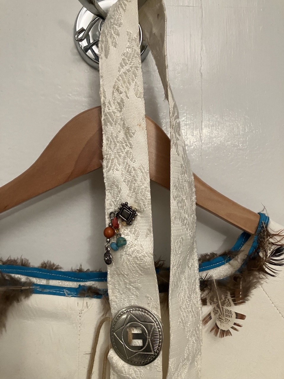 vintage white leather fringe Native American indian dress conchos turquoise bead
