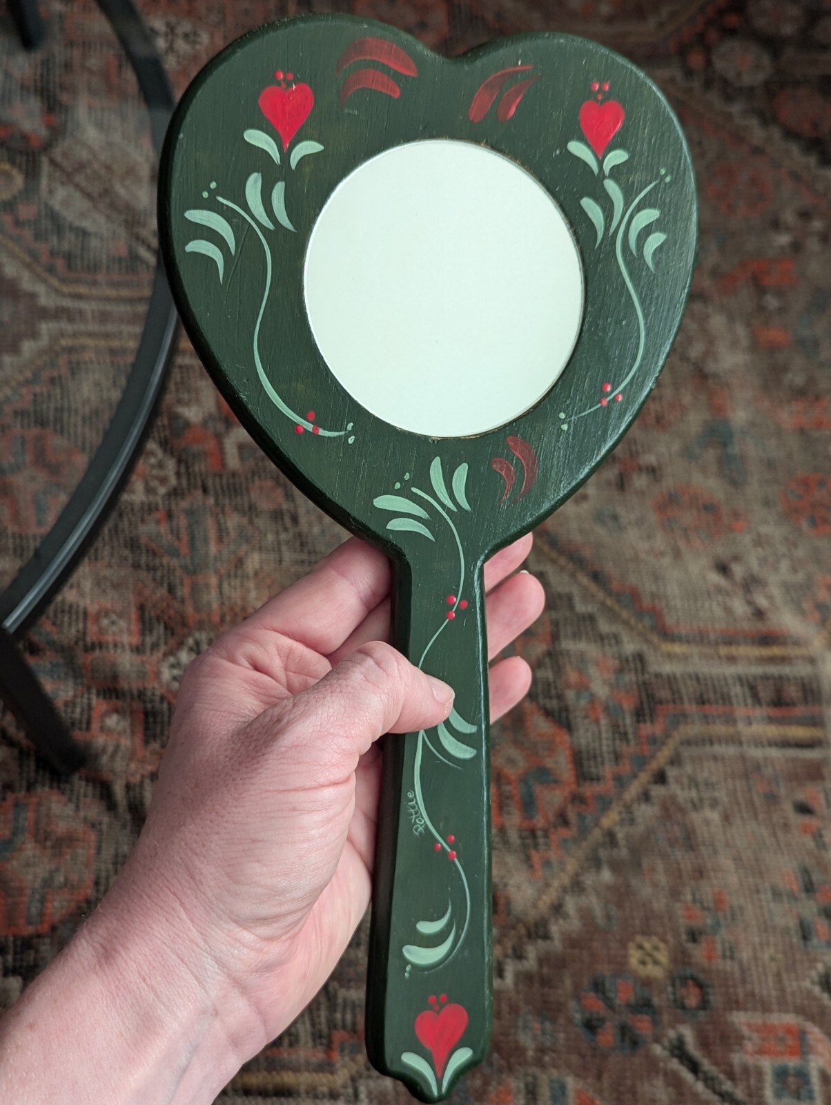 Vtg Hand Mirror Vanity Folk Art Handmade Home Green Wood Tole Painted Floral