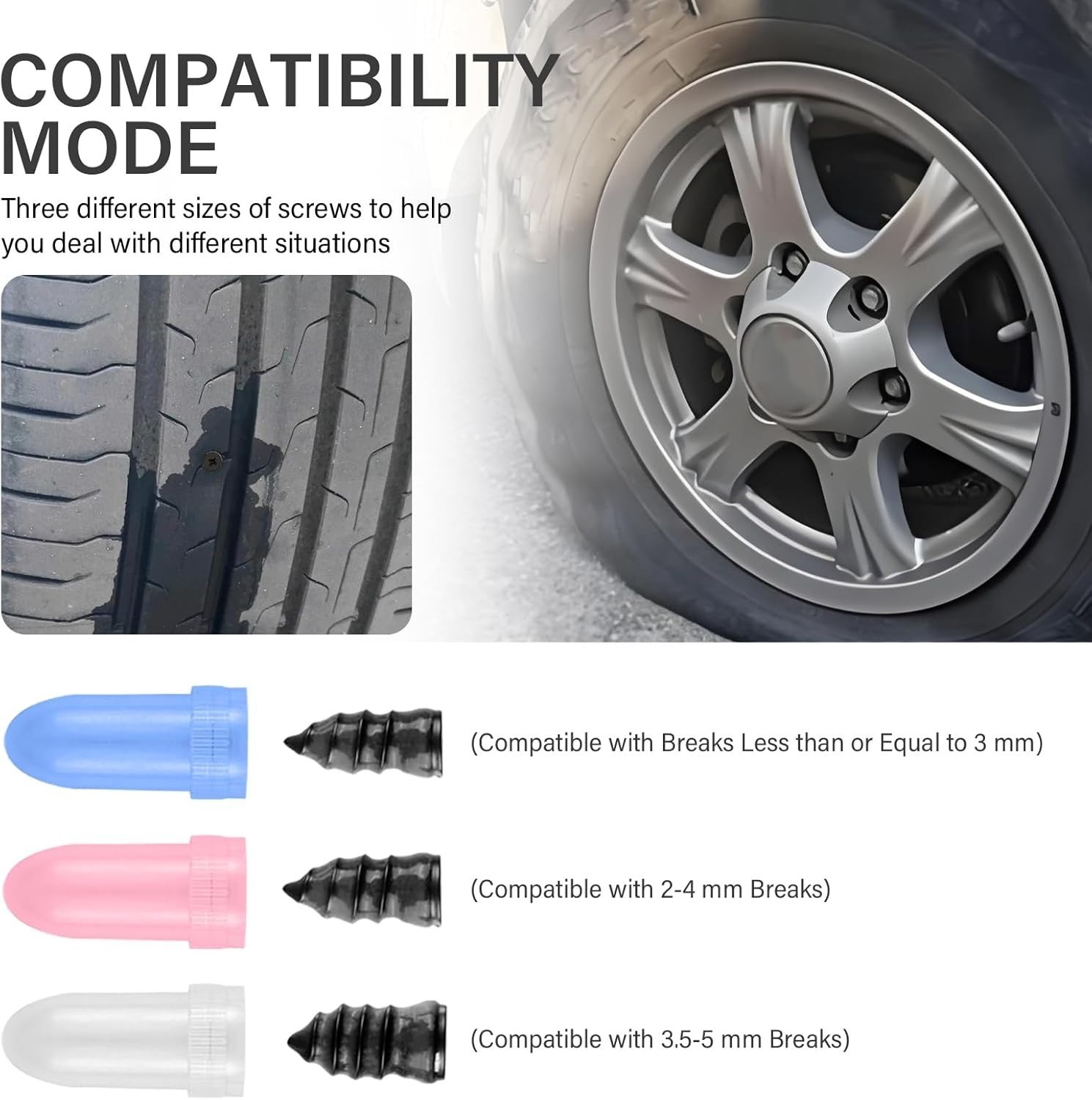 100PCS Tire Repair Screws Kit With Screwdriver 3 Sizes Rubber Plugs Flat Tires