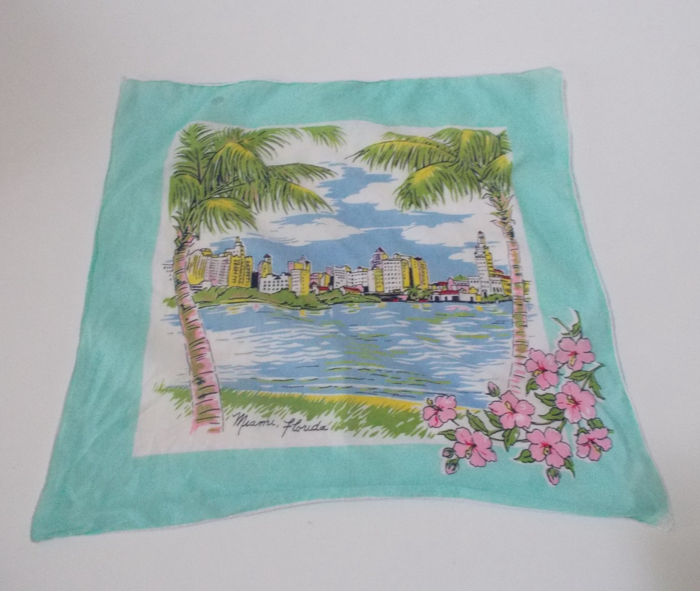 VTG MIAMI Florida Beach Skyline w/ Palm Trees Decorative Handkerchief Souvenir