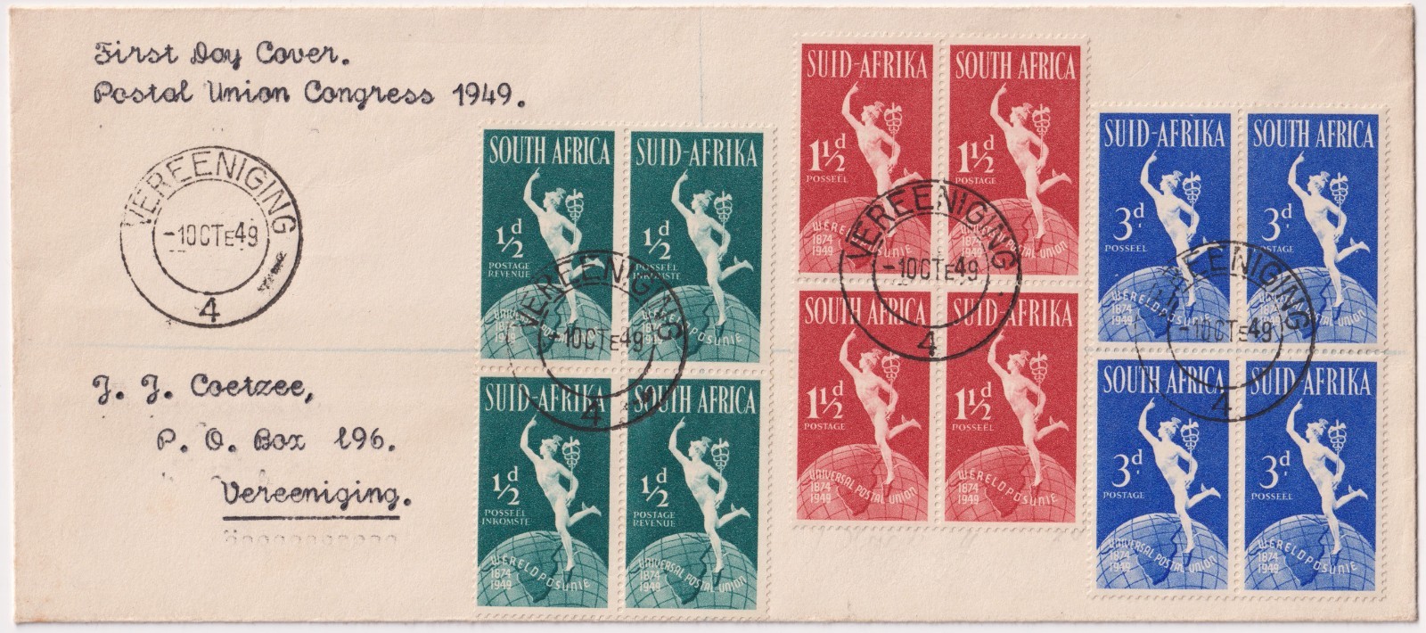 South Africa 1949 UPU Congress FDC Vereeniging Cancel Mercury Blocks of Four