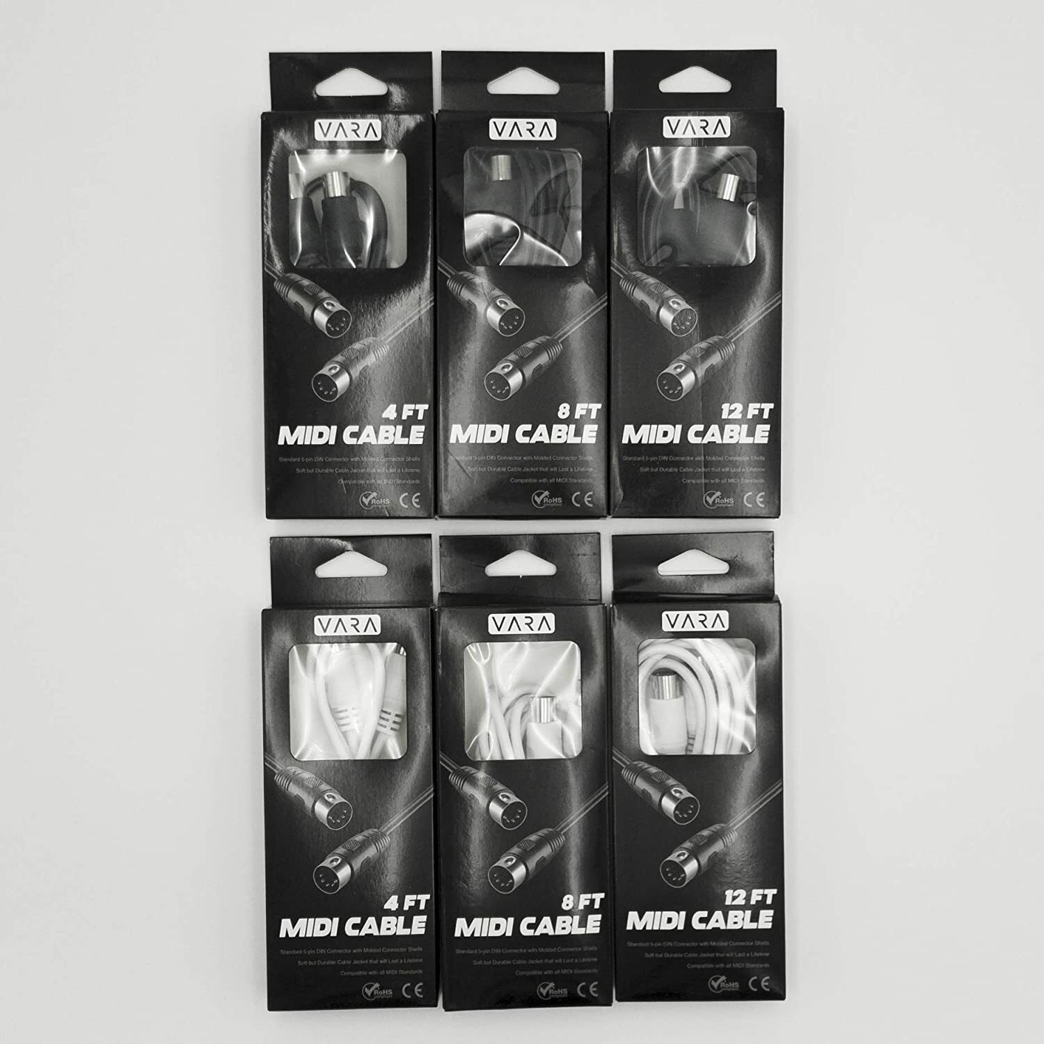 VARA 4, 8, 12ft 5-Pin DIN to 5-Pin DIN MIDI Cable - Black & White