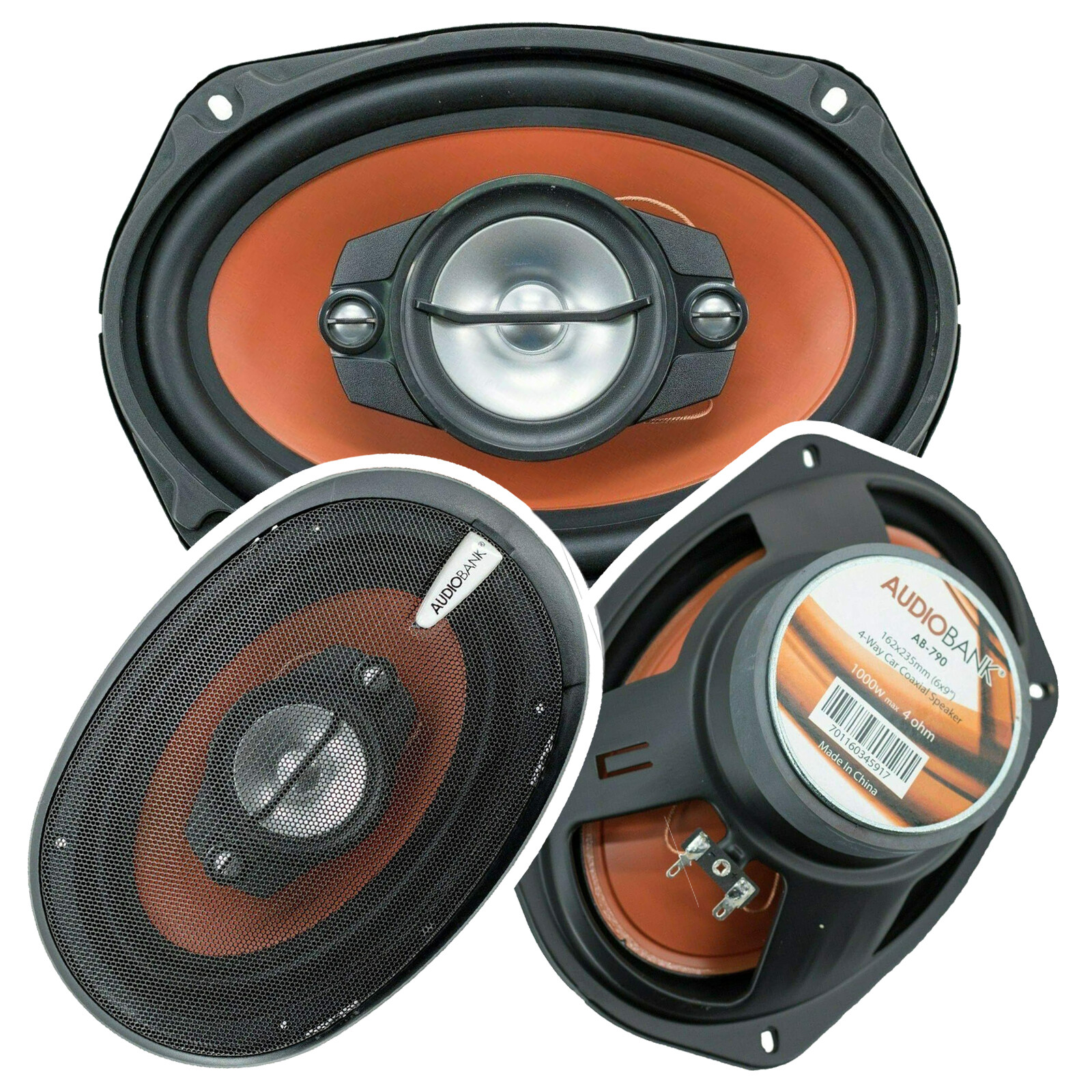 2x Audiobank AB-790 6"x9" 1000 Watt 4-Way Red Car Audio Stereo Coaxial Speakers