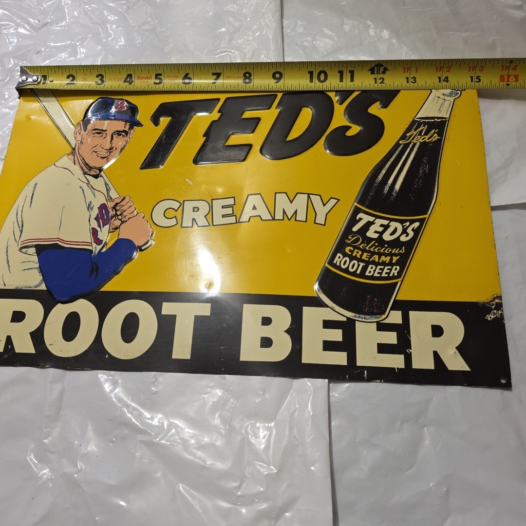 VTG TED WILLIAMS Ted's Delicious Creamy ROOT BEER SIGN 10in. x 15in. Green Back