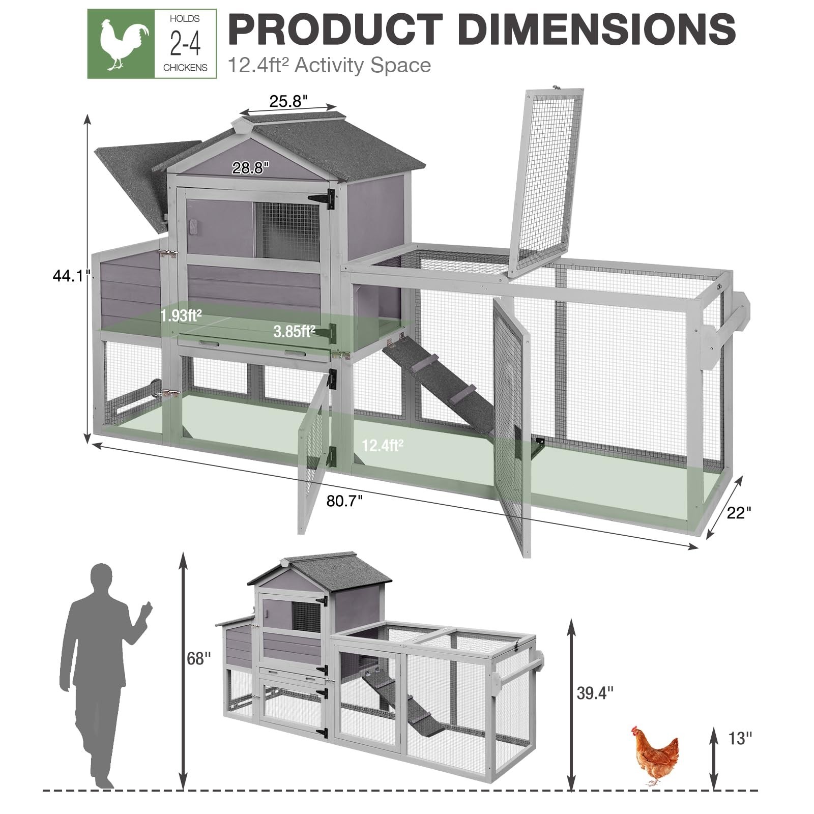 Chicken Coop for Outdoor - Poultry Cage with Wheels Large Mobile Hen House
