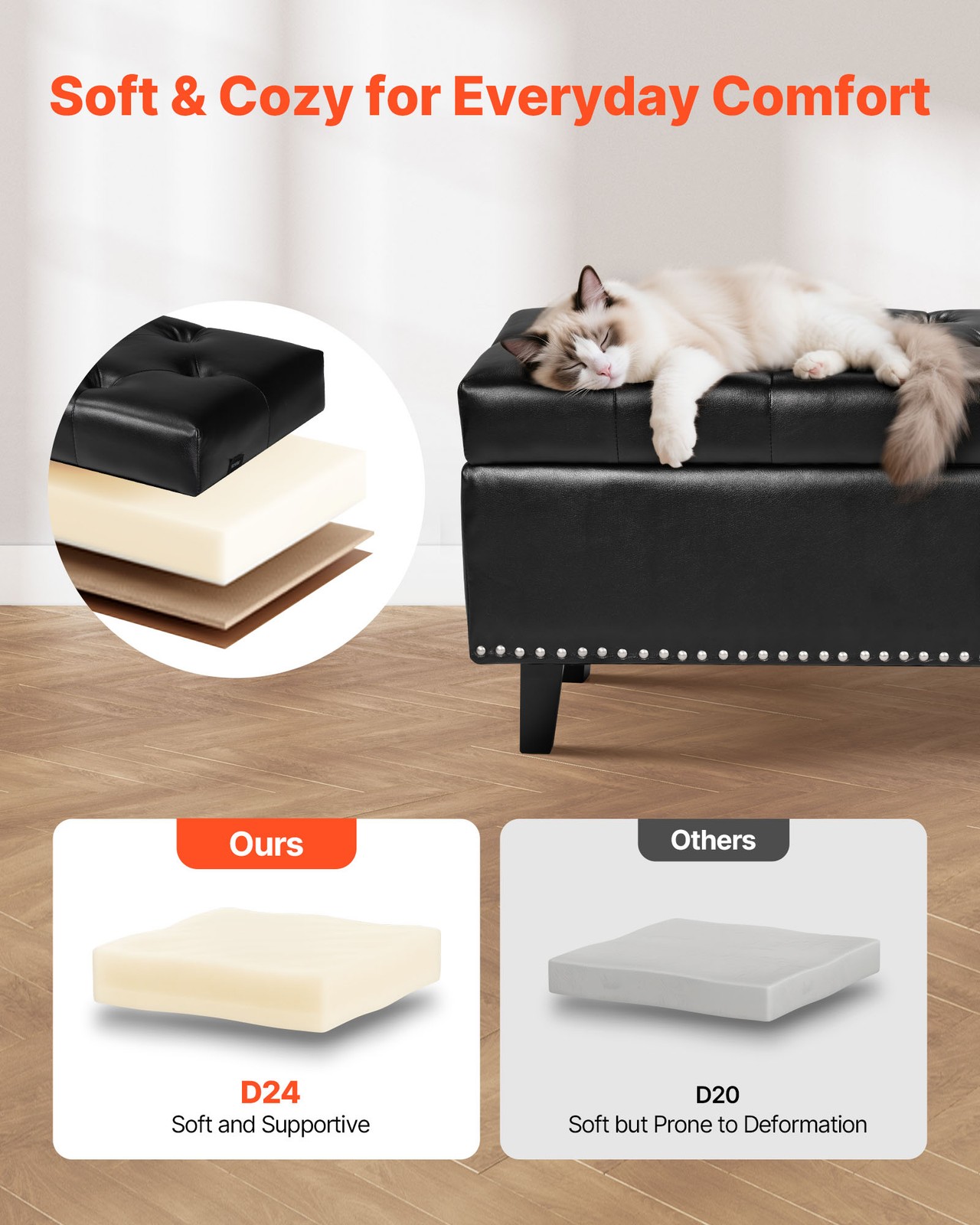 Uimoso Button-Tufted Storage Ottoman Bench PU Leather Bench with Wood Legs Black