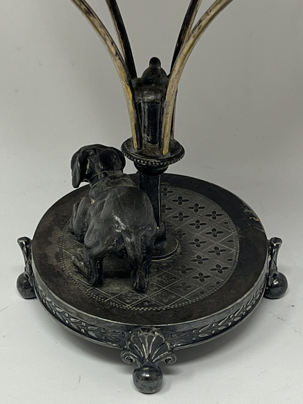 Antique Dog Figural Calling Card ? Silver Plate Tray Stand Simpson Hall Miller