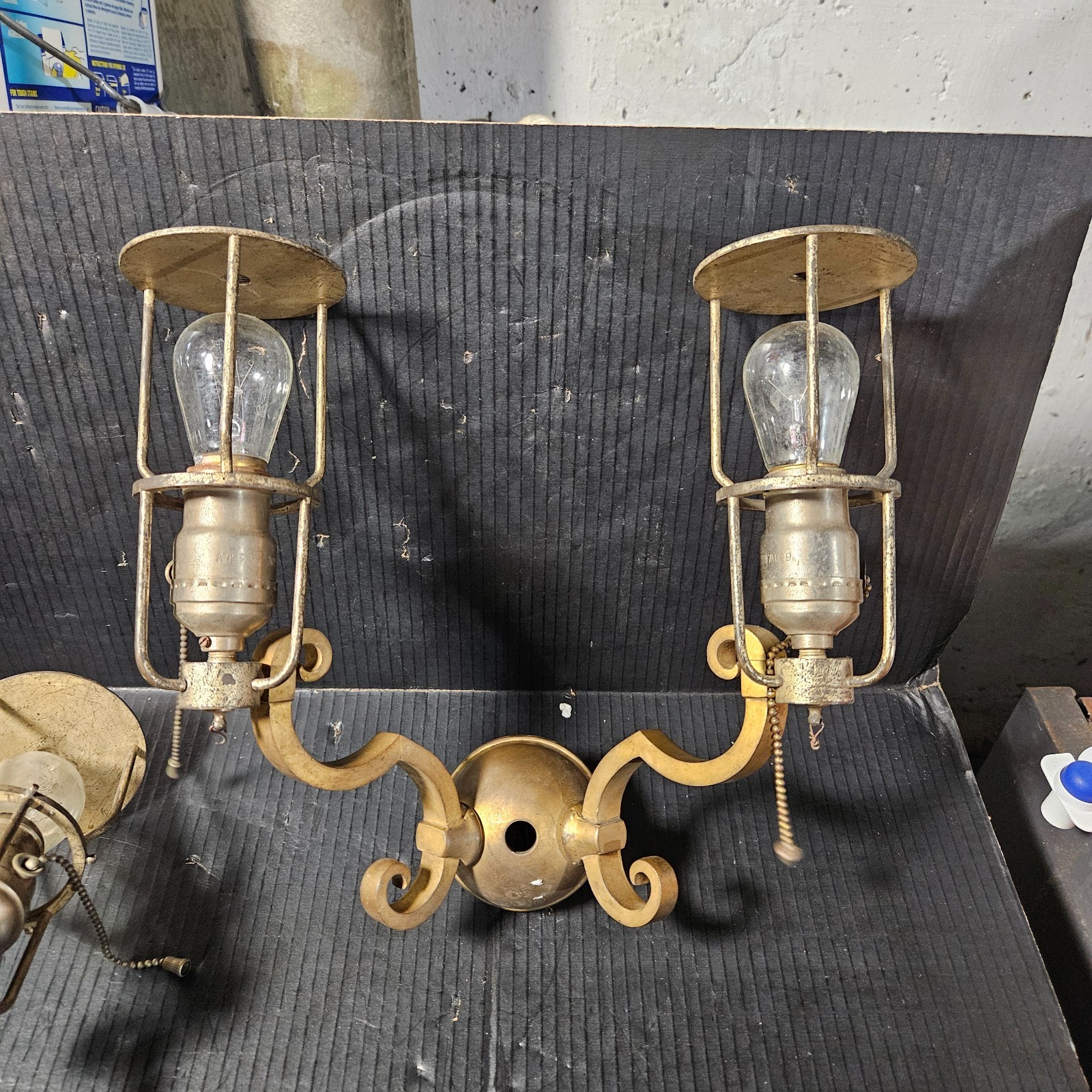 Rare Pair Antique Brass Nickle Sconces Handel Era Edwardian glass shade Hubbell