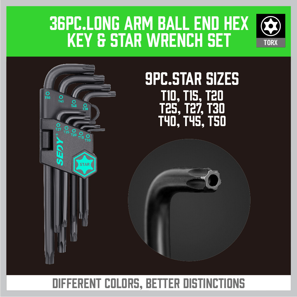 36PC Hex Key Allen Wrench Set Ball End Long Arm Industrial Grade SAE Metric Star