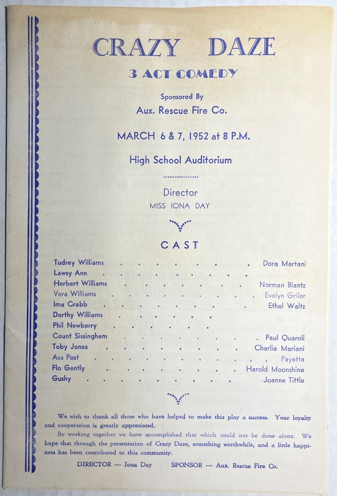 Vintage Comedy Program 1952 Fire Dept Annville PA