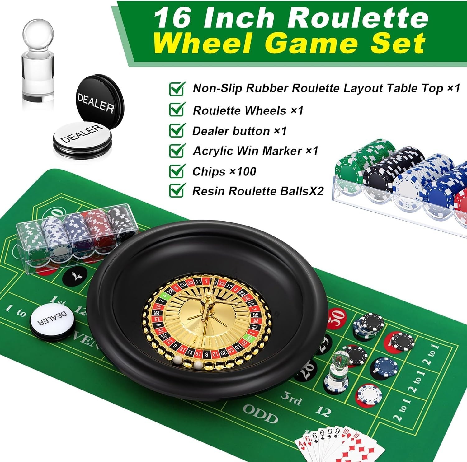 Roulette Wheel Game Set Include 16'' Black Roulette Wheel 35" x 16" Rubber Table