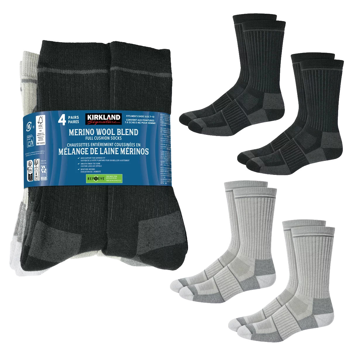 4 PAIRS KIRKLAND SIGNATURE MEN'S MERINO WOOL OUTDOOR SOCKS Size 7-13 W / CUSHION