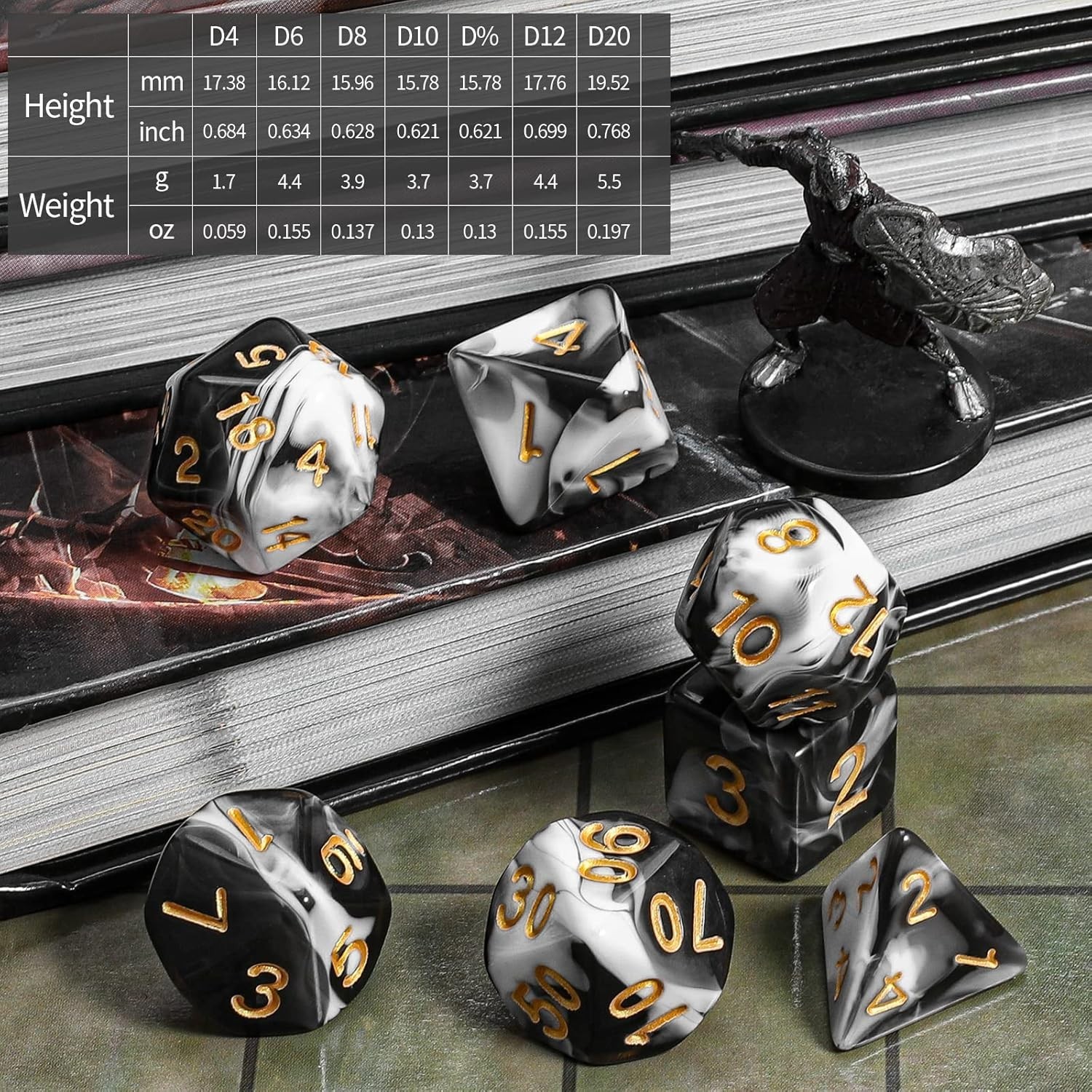 Complete 7-Piece Polyhedral Dice Set for D&D, RPGs - Stylish Velvet Bag Included