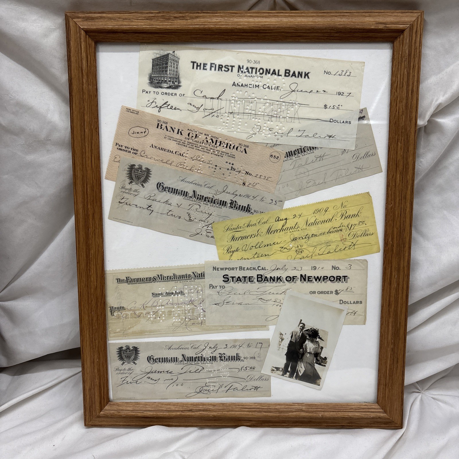 Original 1909-1929 J. Earl Talbots Signed Checks Framed with Photos Lot Of 8