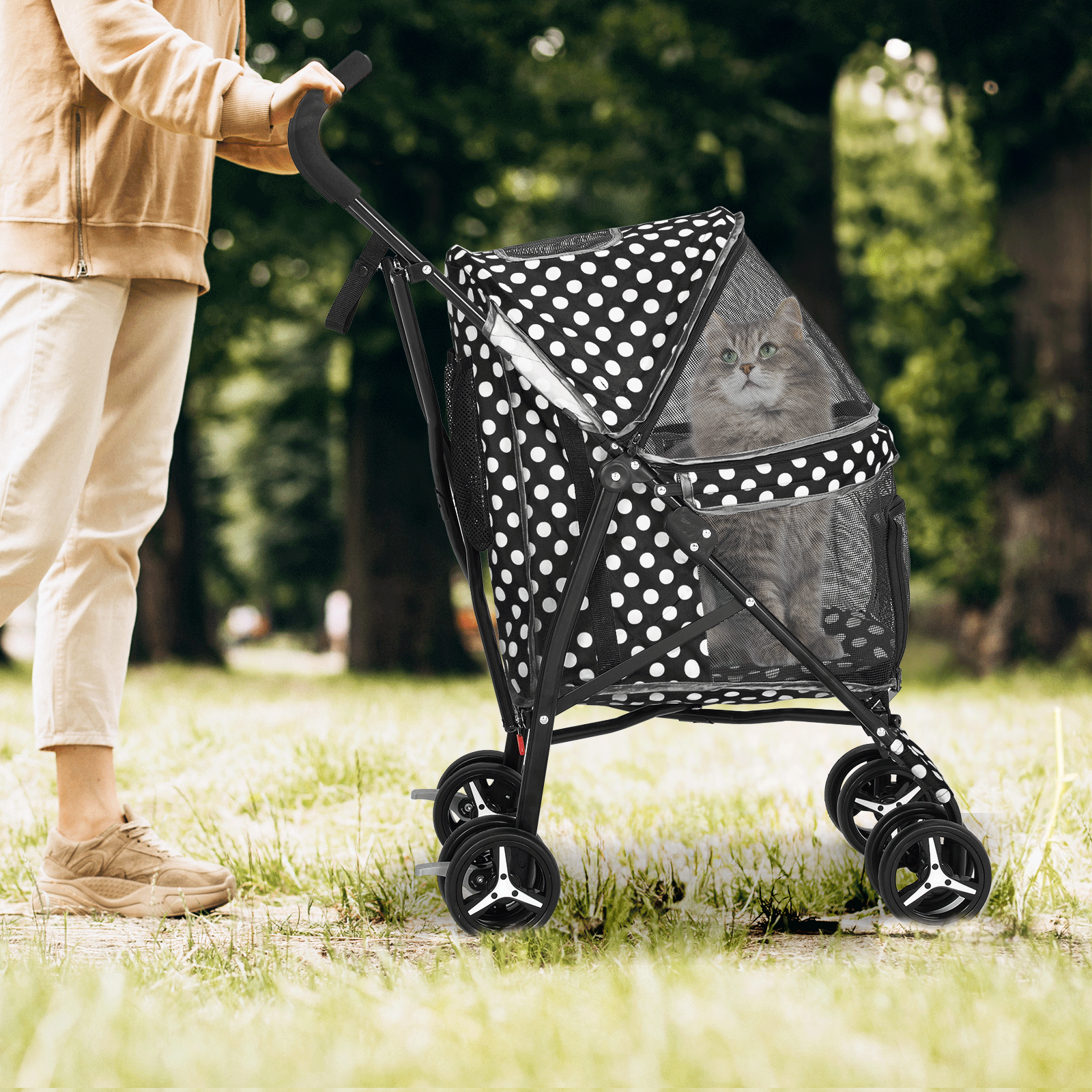 Pet Stroller Foldable 4 Wheels Cat Dog Travel Carrier Storage Basket w/Skylight