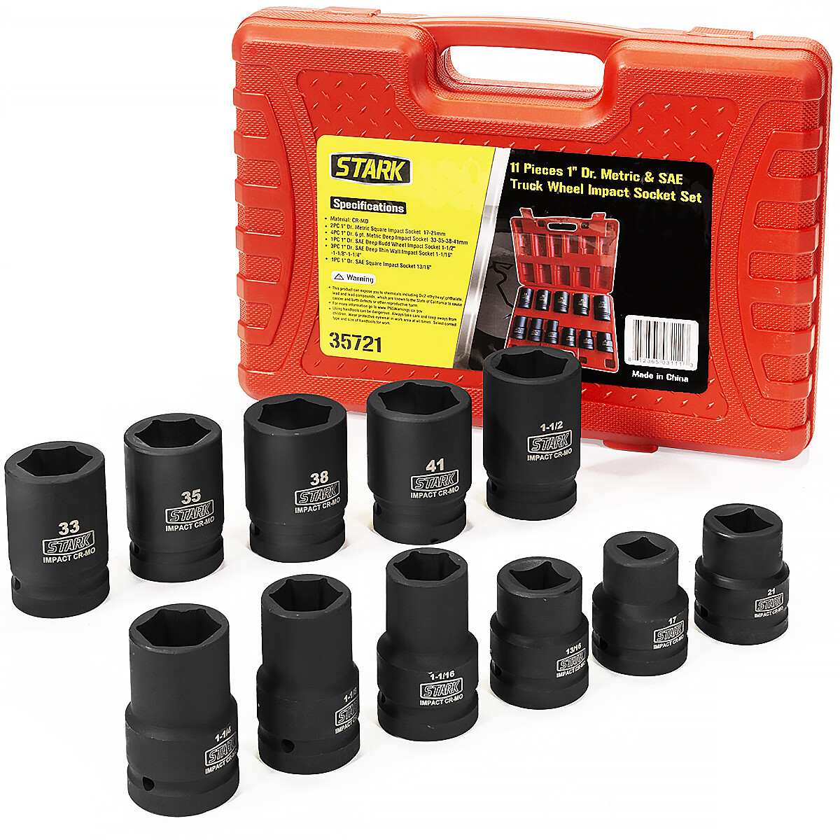 Stark USA 11-PC Deep Socket Set Truck Wheel 1" Drive Impact Metric SAE Cr-Mo