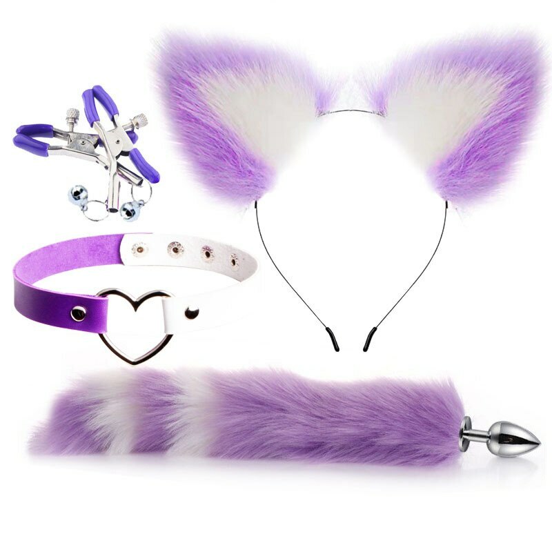 4pc Set Foxtail Buttplug Wolftail Furry Cat Ear Collar Anal Plug Cosplay Sex Toy