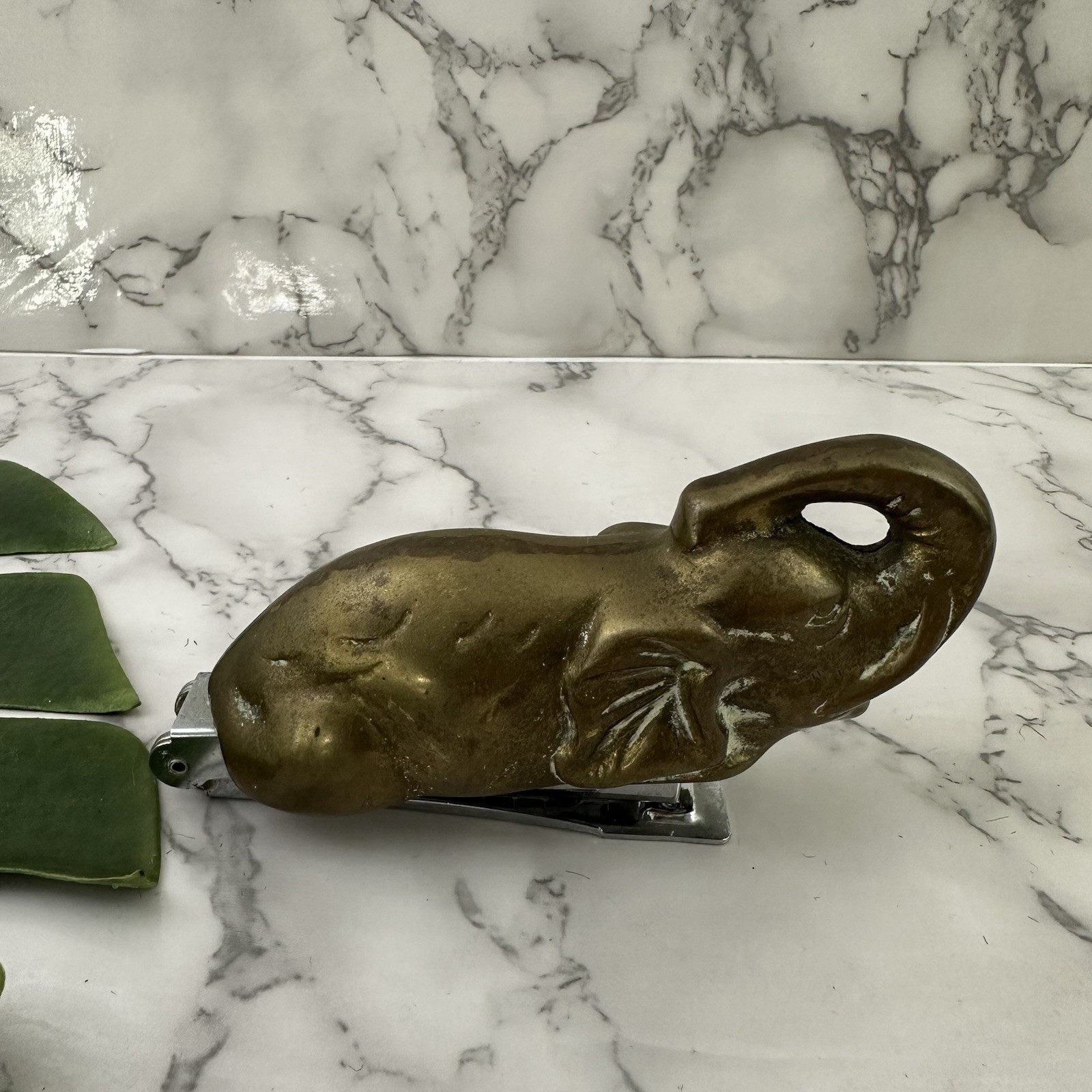 Vintage 80s Brass Elephant Stapler Tape Dispenser Set Desk Decor Metal Novelty