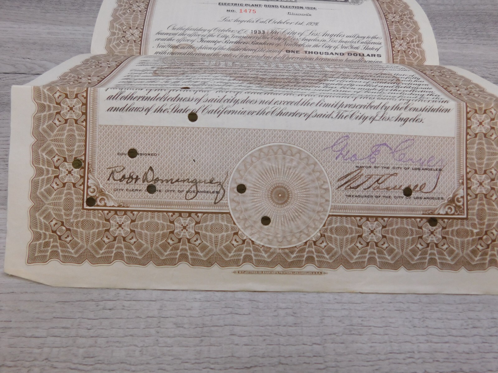 Vintage 1924 California City of Los Angeles Electric Plant Bond Election No 1475