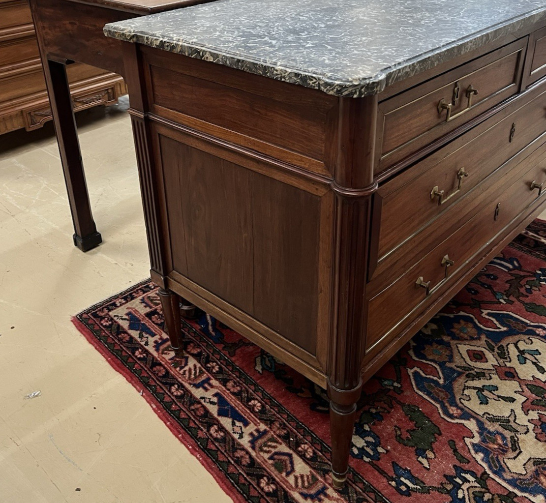 Antique French Mahogany Louis XVI Grey Marble Top Chest of Drawers 34"H x 50"L