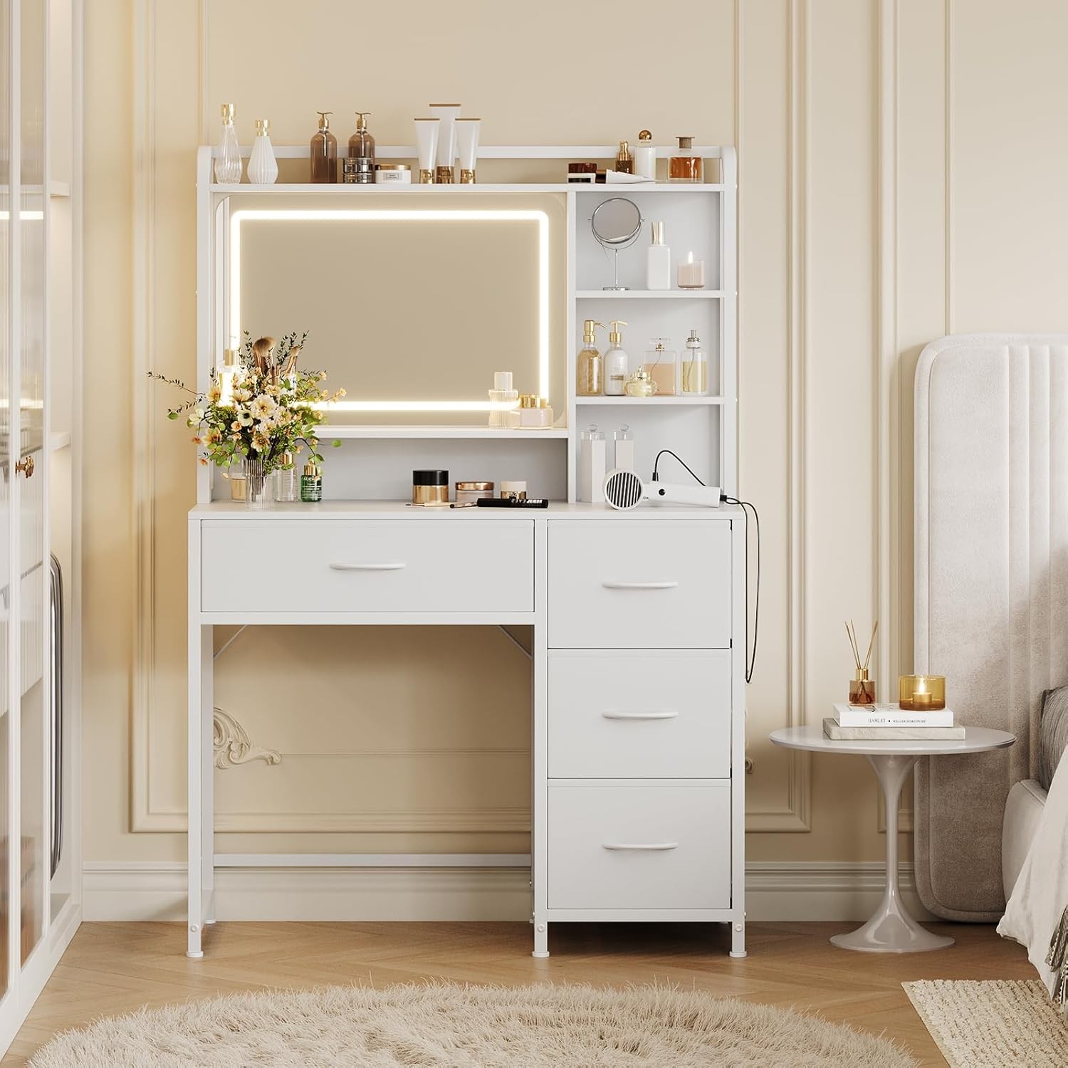 Modern Makeup Vanity for Girls: 35.4" Desk W/ Mirror & 4 Fabric Storage Drawers