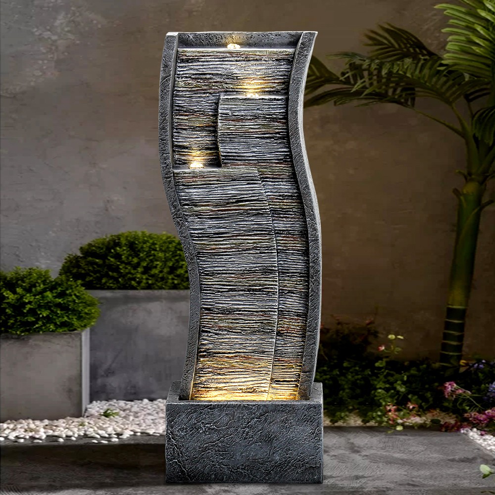 Faux Stone Water Fountain Outdoor Patio Cascading LED Light