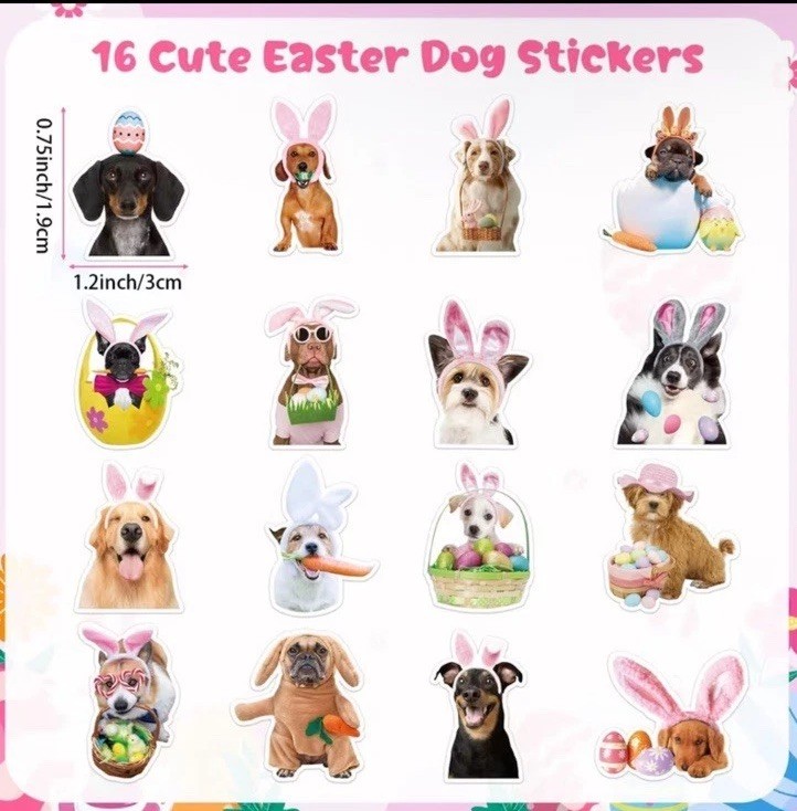 40 PCs ~1x1.2” Adorable Dogs In Easter Costumes Stickers 16 Designs