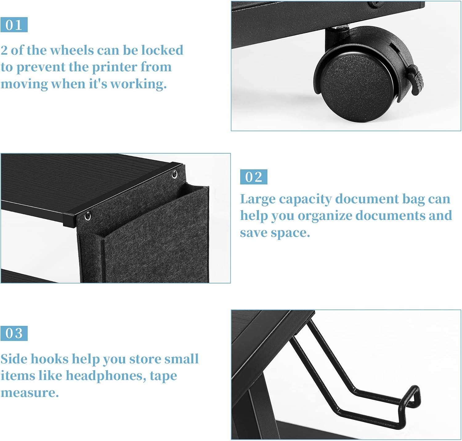 2 Tier Printer Cart w/Wheels Desktop Printer Stand for Office Home Scanner Black