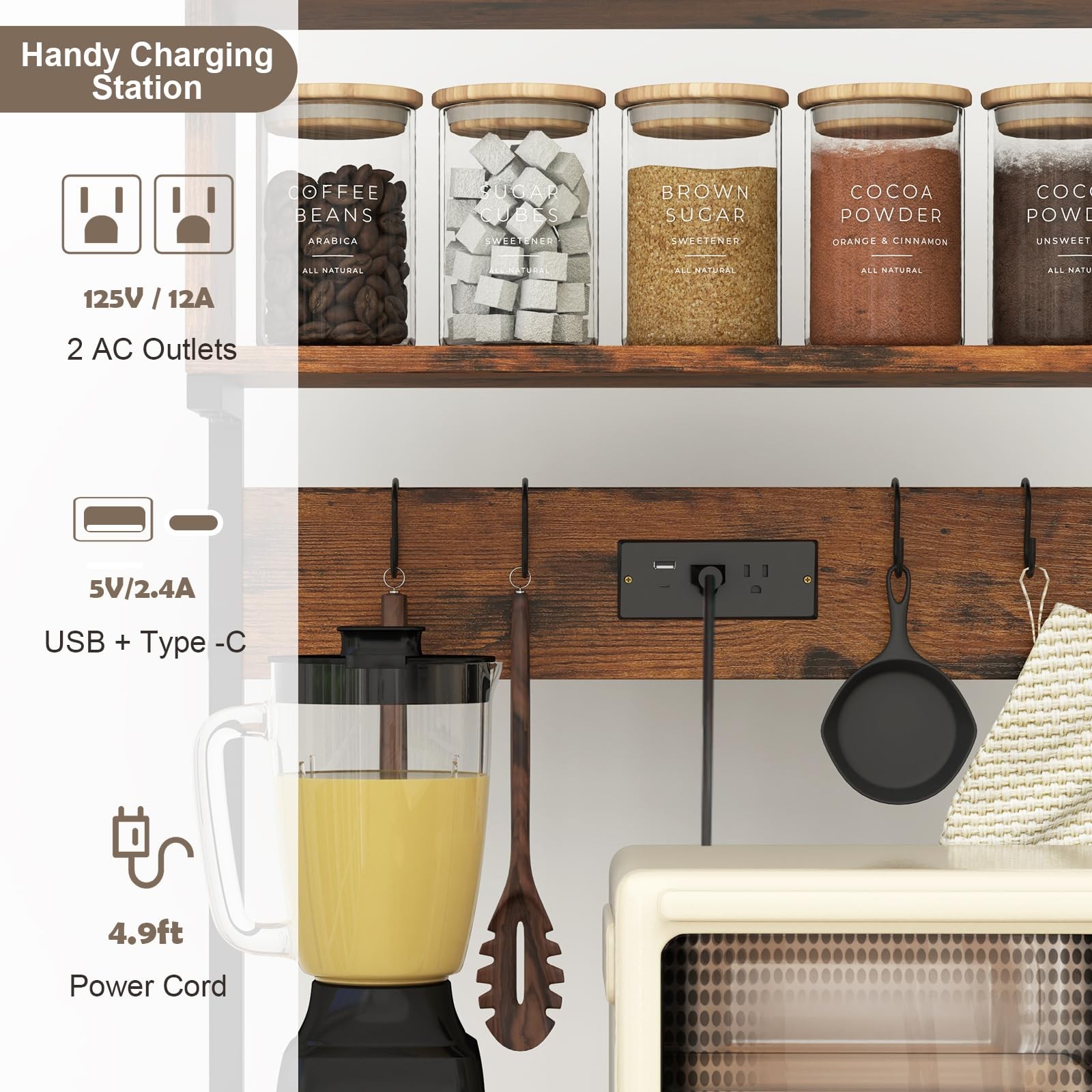 Baker’s Rack with Power Outlet, 5-Tier Microwave Stand with Open Shelves