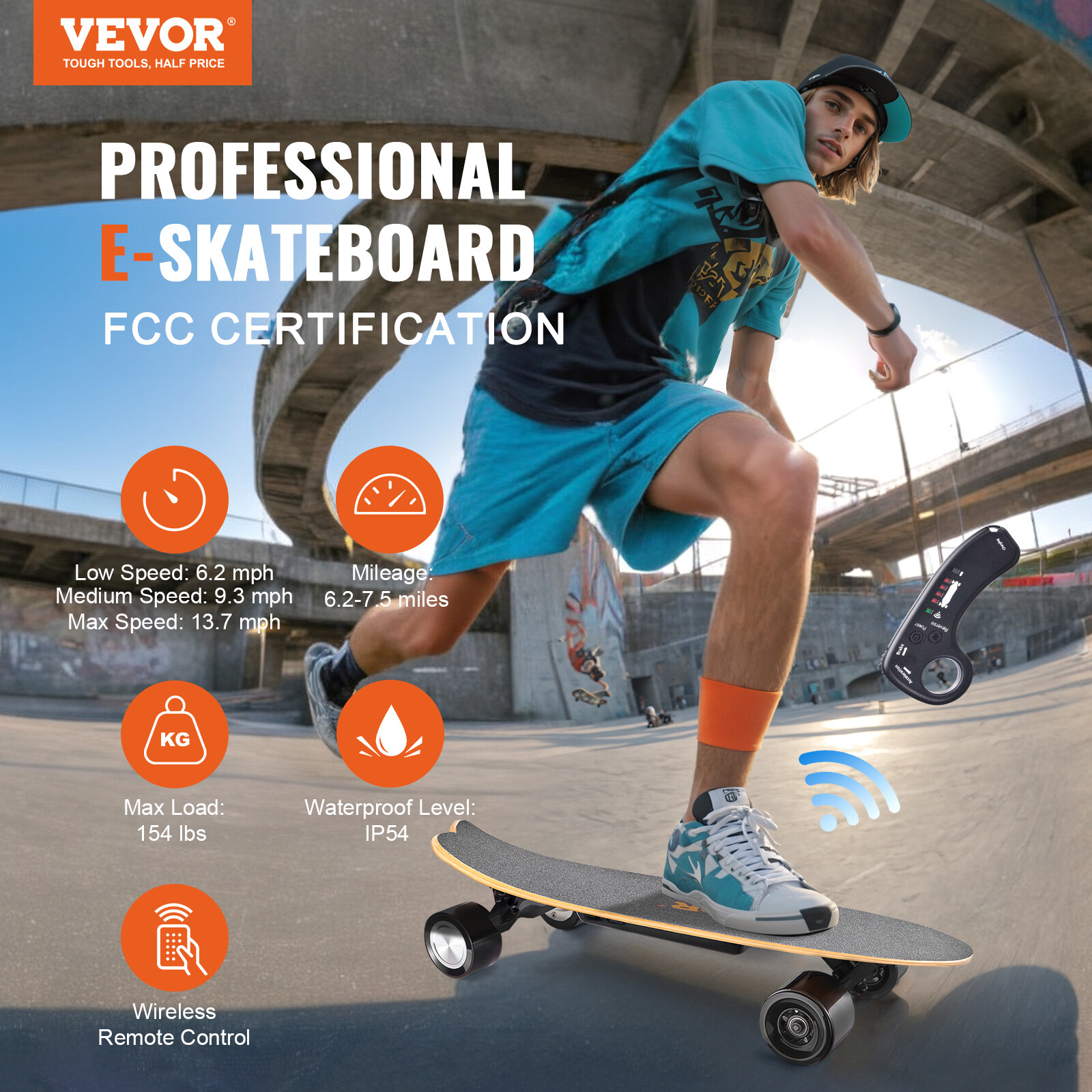 VEVOR Electric Longboard Skateboard with Control 7.5 Mile Range for Adults Kids