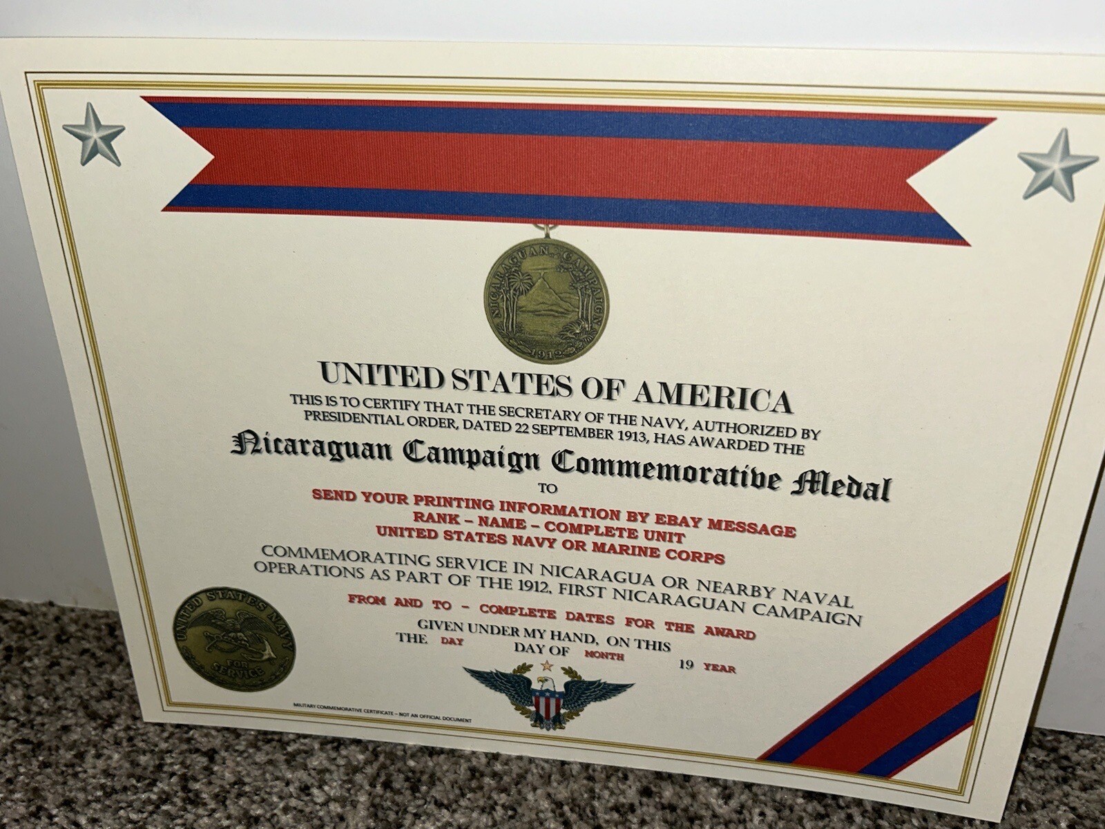 NICARAGUAN CAMPAIGN (NAVY) COMMEMORATIVE MEDAL CERTIFICATE ~ W/PRINTING TYPE-1