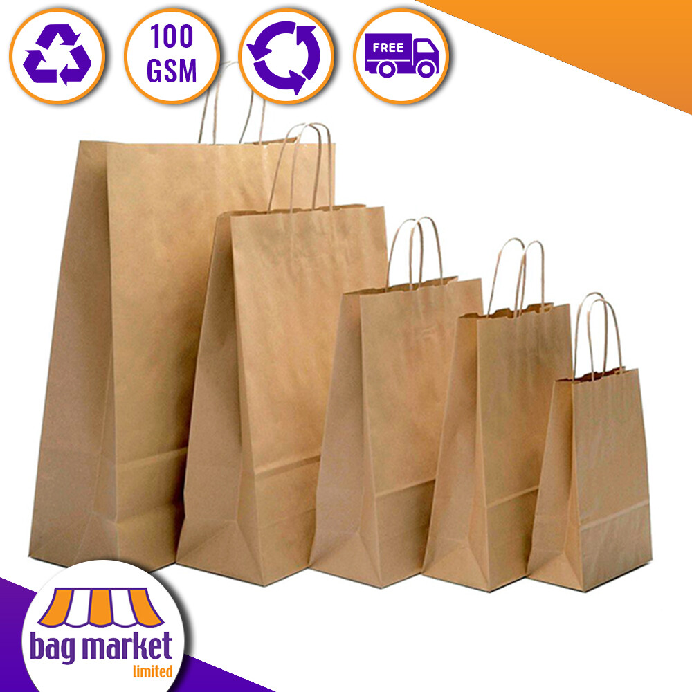 Brown Paper Carrier Bags with Twisted Handles - 100gsm | Gift/Shop/Party/Rope