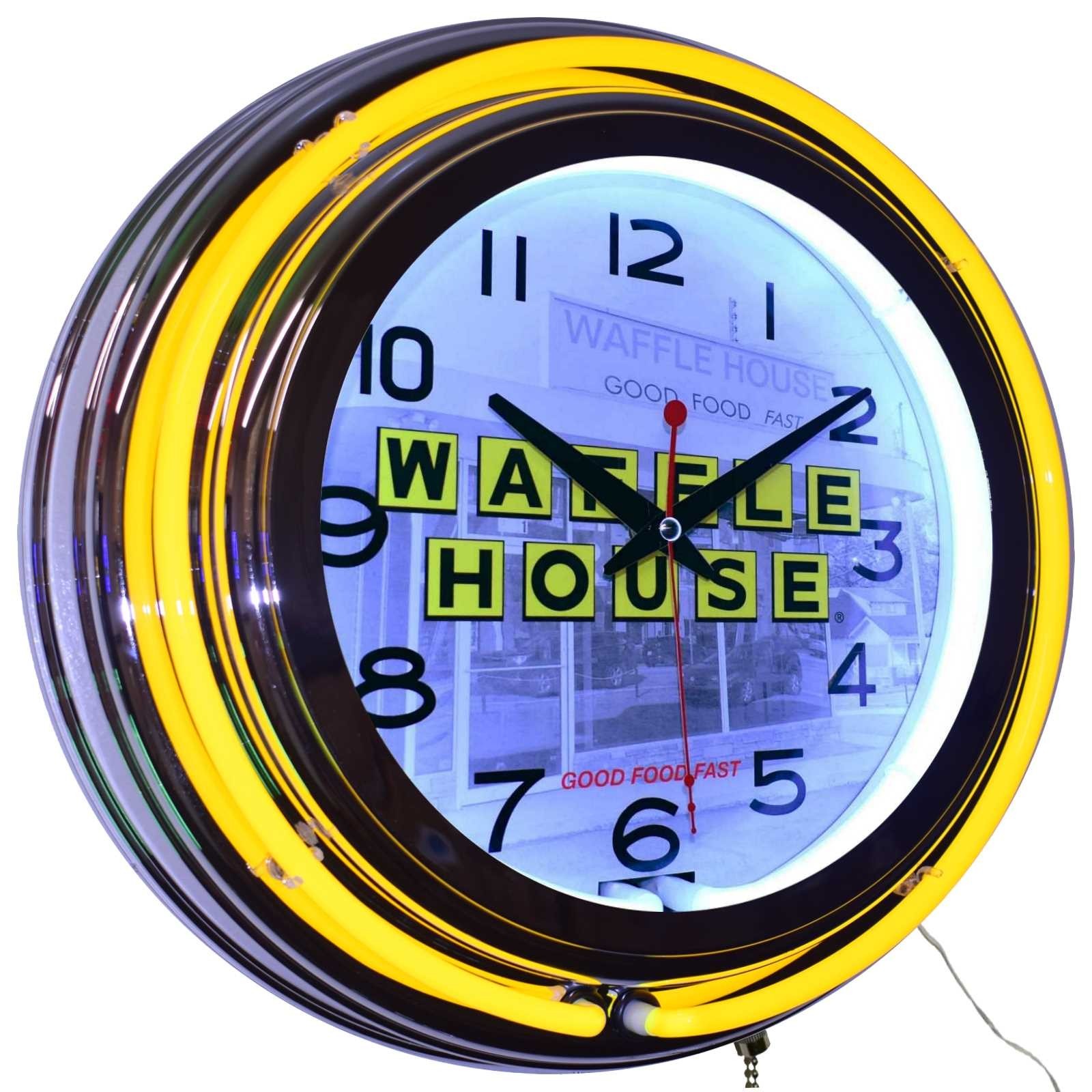 15" Waffle House Good Food Fast Double Neon Clock Home Diner Decor (Yellow)