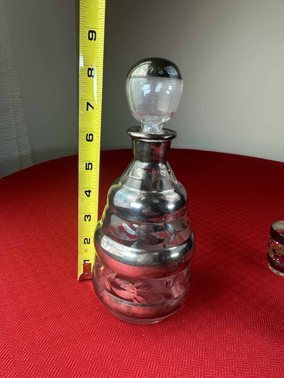 Antique 8 Piece Sterling Silver Overlay Decanter Set Art Deco Liquor Hand Blown