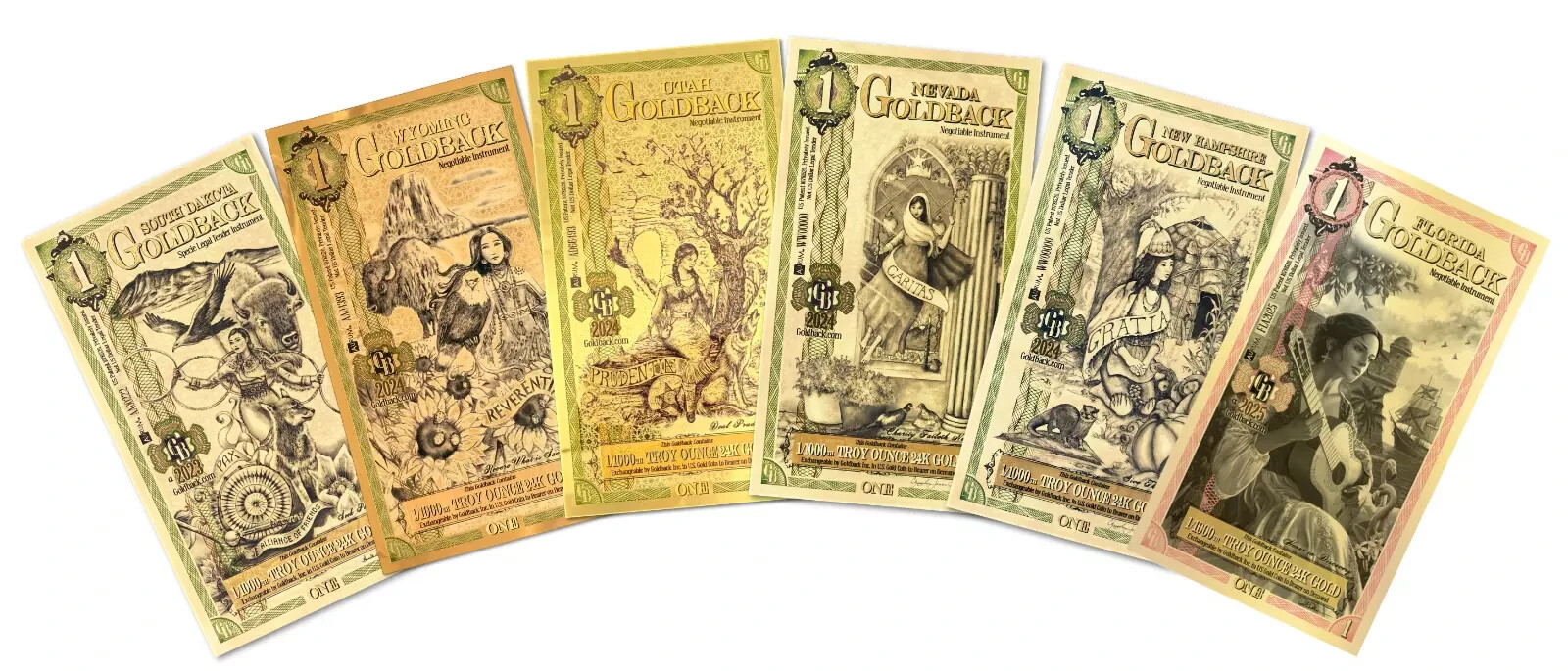 Complete Set!! Lot 6 Goldback 24KT Gold Foil Notes 1/1000th oz Bullion All State